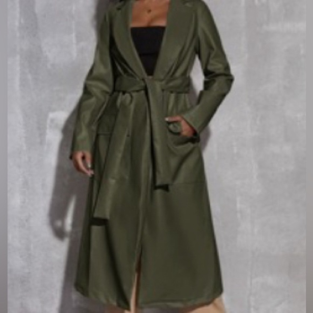 Green Faux leather trench coat